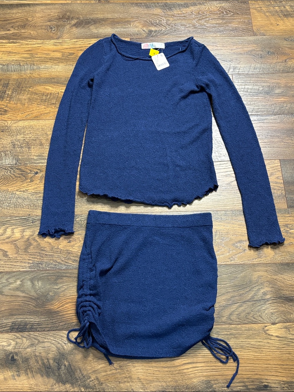 Free People Navy Blue Mini Dress Set - Long Sleeve Crop Top & Drawstring Skirt